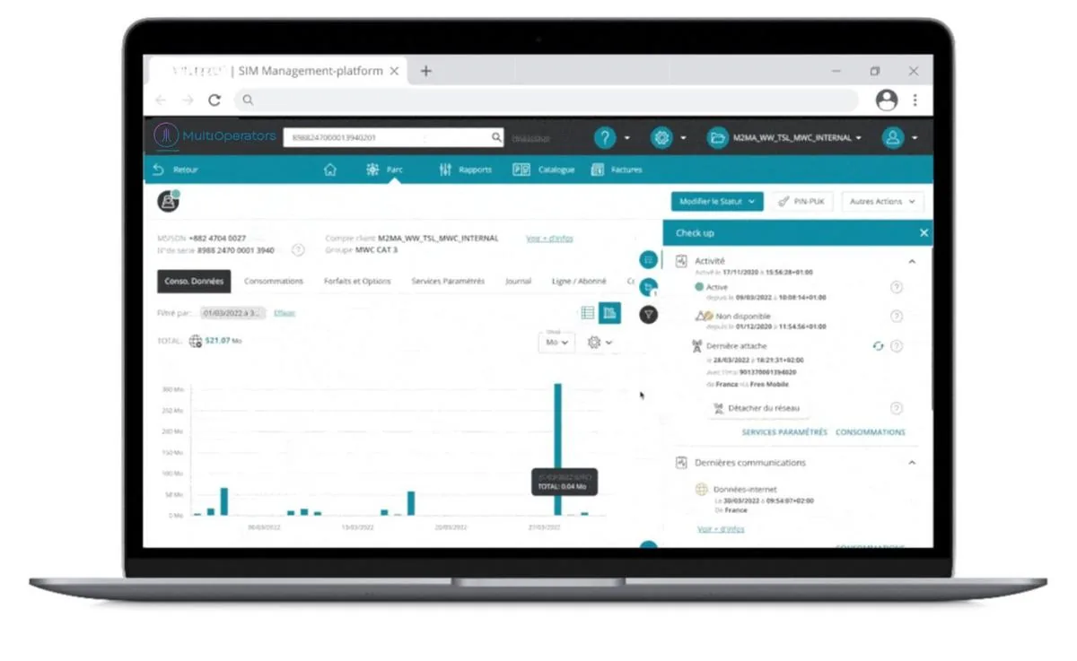 PRISM  fiche détail SIM avec Check up et historique sessions