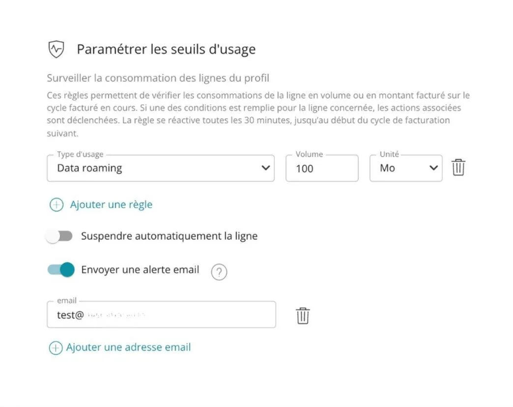 PRISM  Configuration des seuils d'usage et alertes email SIM